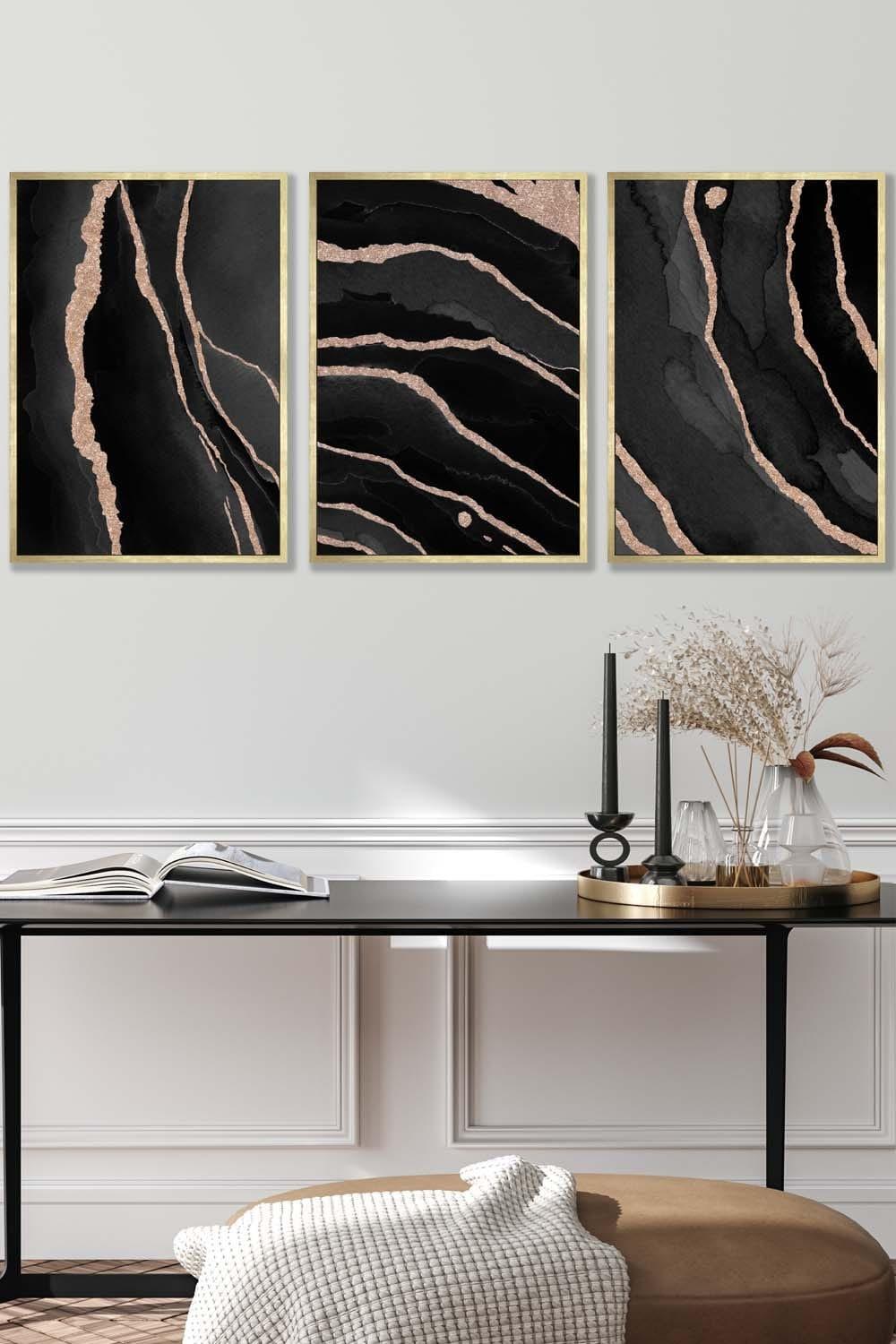 Abstract Black Grey Gold Strokes Framed Wall Art - Medium
